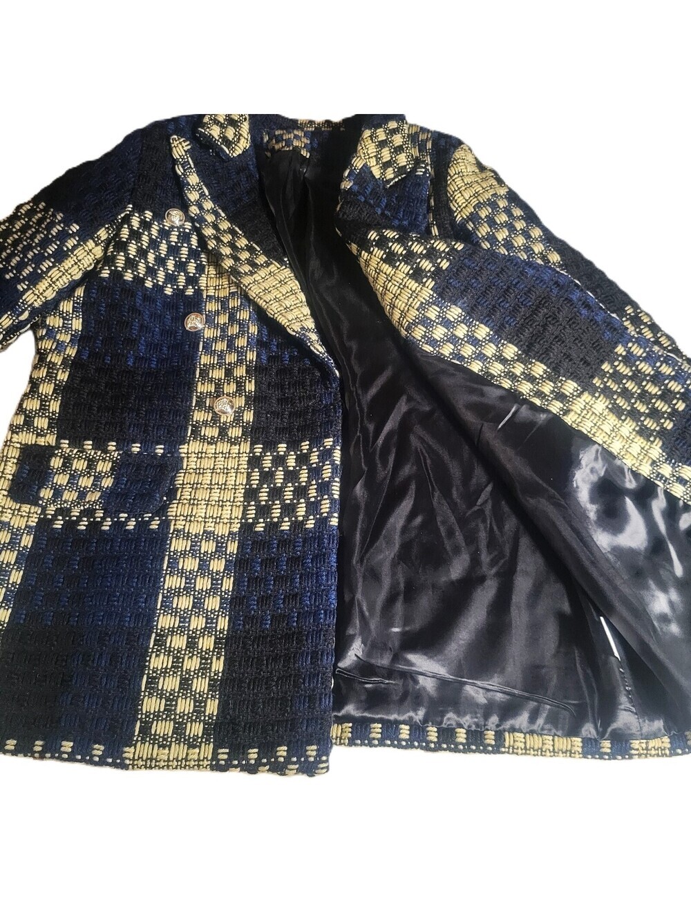 Plaid Textured Women's Jacket in Navy & Cream - Lined - Size L Classic Cottage - Picture 5 of 8